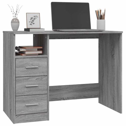 Bureau 102x50x76 Cm Bois Contreplaqué Gris Sonoma 3 Tiroirs étagère Ouverte Fixation Murale