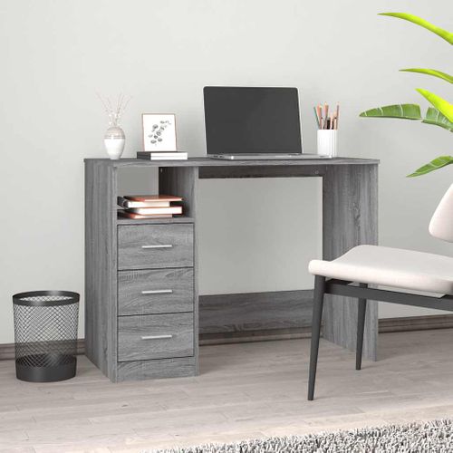 Bureau 102x50x76 Cm Bois Contreplaqué Gris Sonoma 3 Tiroirs étagère Ouverte Fixation Murale