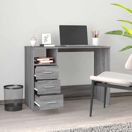 Bureau 102x50x76 Cm Bois Contreplaqué Gris Sonoma 3 Tiroirs étagère Ouverte Fixation Murale