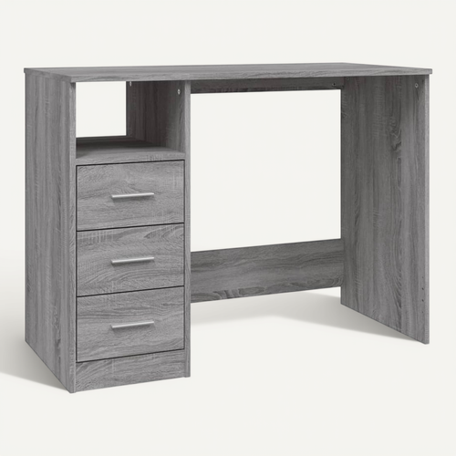Bureau 102x50x76 Cm Bois Contreplaqué Gris Sonoma 3 Tiroirs étagère Ouverte Fixation Murale