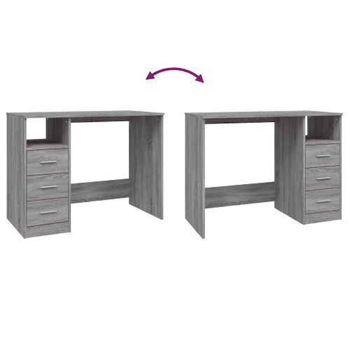 Bureau 102x50x76 Cm Bois Contreplaqué Gris Sonoma 3 Tiroirs étagère Ouverte Fixation Murale