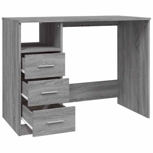Bureau 102x50x76 Cm Bois Contreplaqué Gris Sonoma 3 Tiroirs étagère Ouverte Fixation Murale