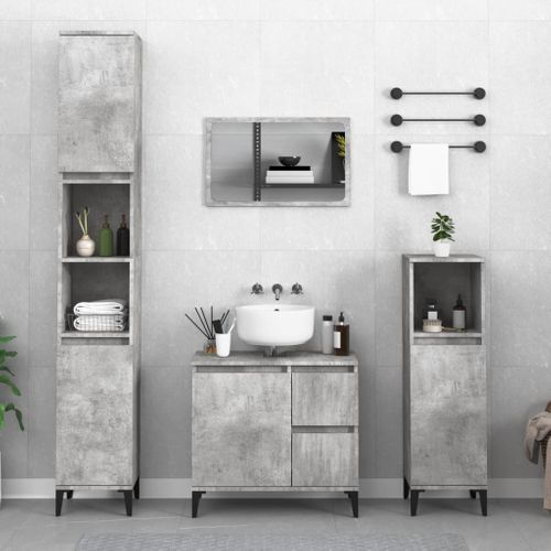 Meuble De Salle De Bain 30 X 30 X 190 Cm Gris Béton Fixation Murale Pieds Réglables En Métal