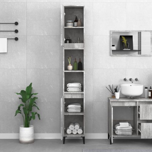 Meuble De Salle De Bain 30 X 30 X 190 Cm Gris Béton Fixation Murale Pieds Réglables En Métal