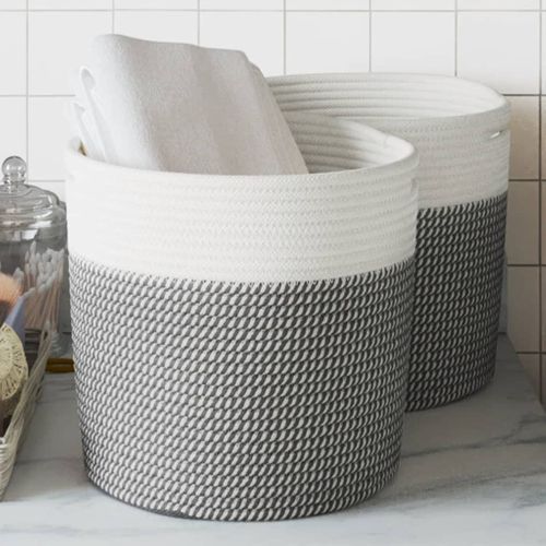Paniers De Rangement 2 Pièces Gris Et Blanc D.28x28 Cm Coton