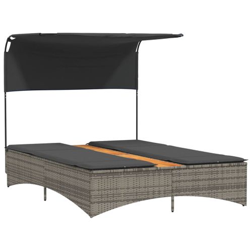 Chaise Longue Double Et Auvent Et Coussins Gris Résine Tressée