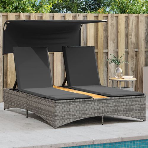 Chaise Longue Double Et Auvent Et Coussins Gris Résine Tressée