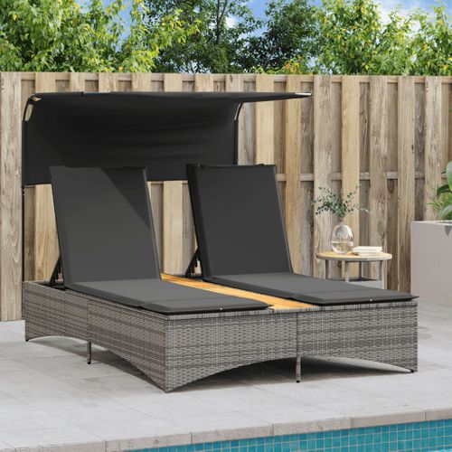 Chaise Longue Double Et Auvent Et Coussins Gris Résine Tressée