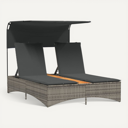 Chaise Longue Double Et Auvent Et Coussins Gris Résine Tressée