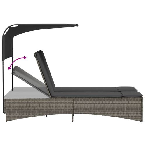 Chaise Longue Double Et Auvent Et Coussins Gris Résine Tressée