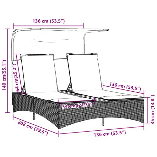 Chaise Longue Double Et Auvent Et Coussins Gris Résine Tressée