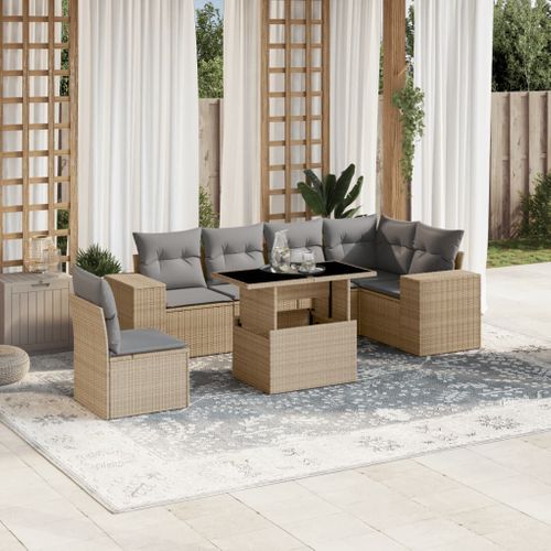 Salon De Jardin Avec Coussins 7 Pièces Beige Résine Tressée