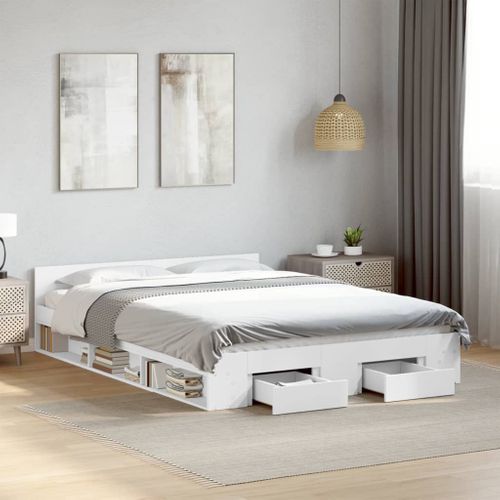 Cadre De Lit Avec Tiroirs Blanc 120x190 Cm Bois Contreplaqué Avec Rangement