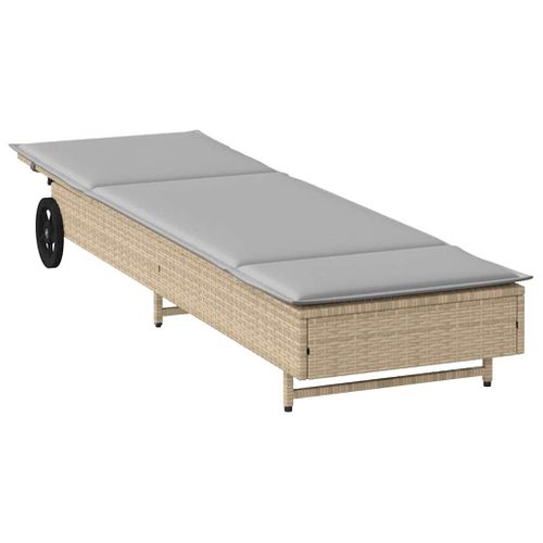 Chaise Longue Avec Roues Et Coussin Beige Résine Tressée