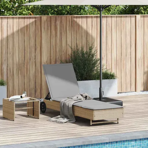 Chaise Longue Avec Roues Et Coussin Beige Résine Tressée