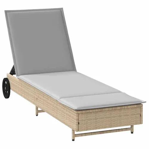 Chaise Longue Avec Roues Et Coussin Beige Résine Tressée