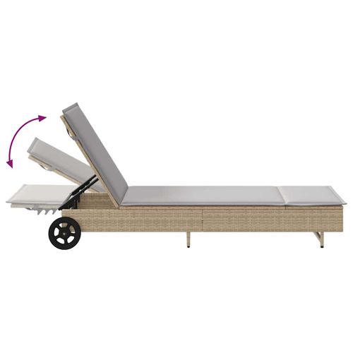 Chaise Longue Avec Roues Et Coussin Beige Résine Tressée