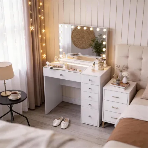 VANITII Coiffeuse avec Miroir LED 6 Tiroirs Blanc 92 x 55 x 139 cm