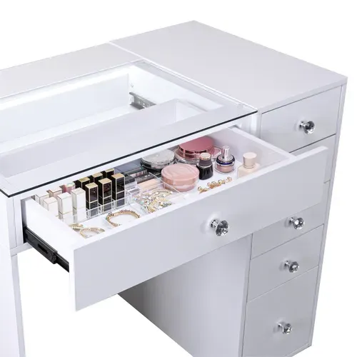 VANITII Coiffeuse avec Miroir LED 6 Tiroirs Blanc 92 x 55 x 139 cm