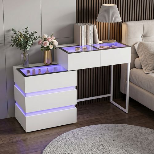 VANITII Coiffeuse LED Éclairage RGB 5 Tiroirs Blanc 130 x 40 x 81 cm