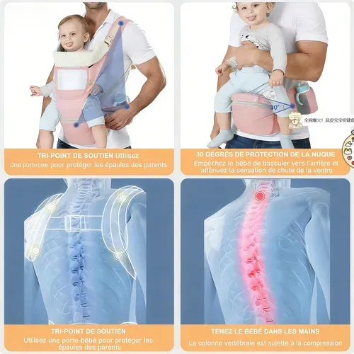 Porte-bébé Rose Ergonomique Coton Avec Siège Hanche 15 Positions Respirant, Bébés De 3 à 20 Kg