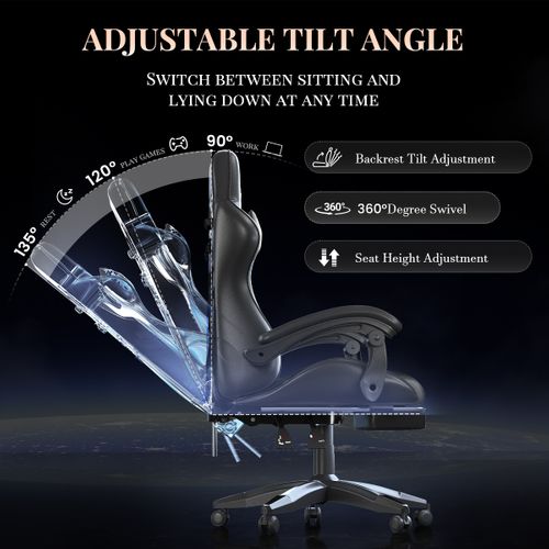 Chaise Gaming, Fauteuil Gamer Avec Massage Lombaire, Chaise De Jeu Repose-pieds, noir