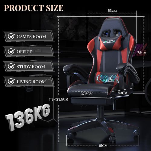 Chaise Gaming, Fauteuil Gamer Avec Massage Lombaire, Chaise De Jeu Repose-pieds, Rattantree,rouge