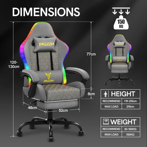 Chaise Gaming, Fauteuil Gamer Repose-pieds Rétractable Et LED Rgb, Chaise De Jeu, gris