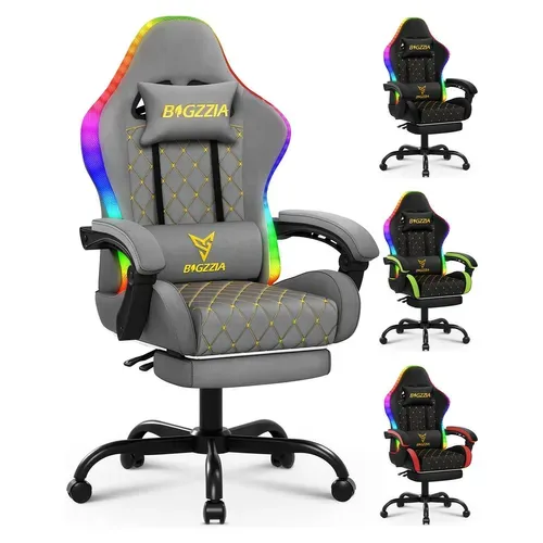 Chaise Gaming, Fauteuil Gamer Repose-pieds Rétractable Et LED Rgb, Chaise De Jeu, gris