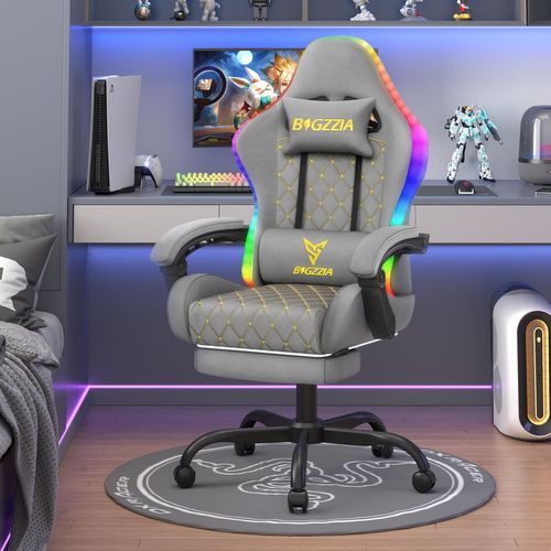 Chaise Gaming, Fauteuil Gamer Repose-pieds Rétractable Et LED Rgb, Chaise De Jeu, gris