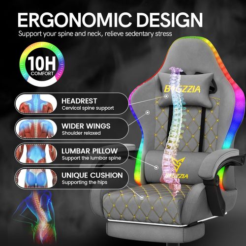Chaise Gaming, Fauteuil Gamer Repose-pieds Rétractable Et LED Rgb, Chaise De Jeu, gris