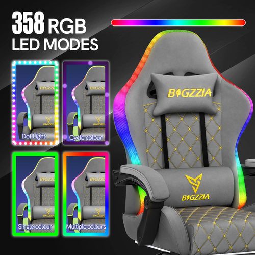 Chaise Gaming, Fauteuil Gamer Repose-pieds Rétractable Et LED Rgb, Chaise De Jeu, gris