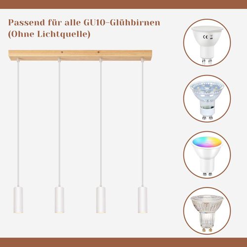 Suspension Bois Métal Diam.60cm Gu10 Blanc 4 Ampoules Lampe Suspendue Lampe De Couloir