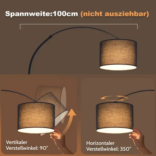 Lampadaire Arc Noir Mat E27 Tissu Orientable Hauteur Réglable Salon Lecture
