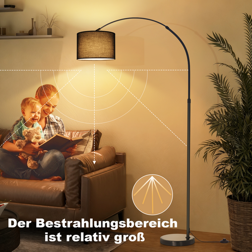 Lampadaire Arc Noir Mat E27 Tissu Orientable Hauteur Réglable Salon Lecture