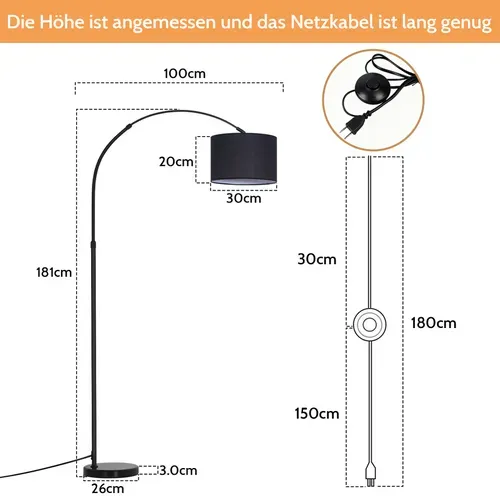 Lampadaire Arc Noir Mat E27 Tissu Orientable Hauteur Réglable Salon Lecture