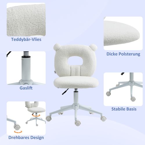 Chaise Bureau Réglable Hauteur Polaire Effet Peluche 50x56x90cm Blanche