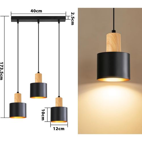 Suspension E27 Vintage Noir : 3 Lampes, Hauteur Réglable, Industriel, Cuisine.