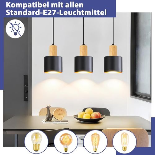 Suspension E27 Vintage Noir : 3 Lampes, Hauteur Réglable, Industriel, Cuisine.