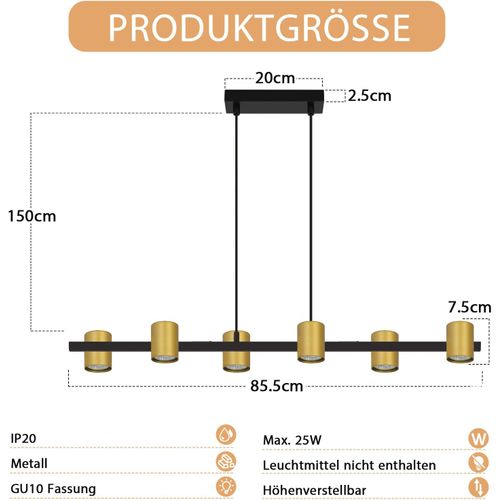 Suspension 6 Lampes Noir Or : Gu10, Industriel Moderne, Table à Manger.