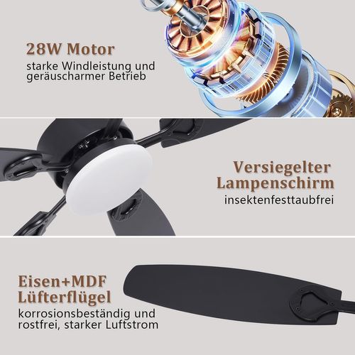 Ventilateur De Plafond LED Silencieux Pales Réversibles Dimmable Télécommande