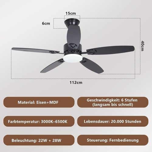 Ventilateur De Plafond LED Silencieux Pales Réversibles Dimmable Télécommande