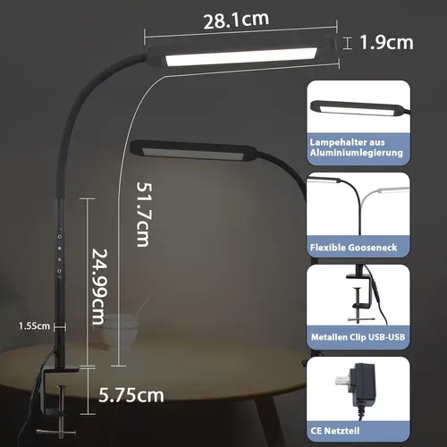 Lampe de bureau LED à Intensité Variable Avec Pince Et Fiche De 11w - Idéale Pour Bureau Et Salon