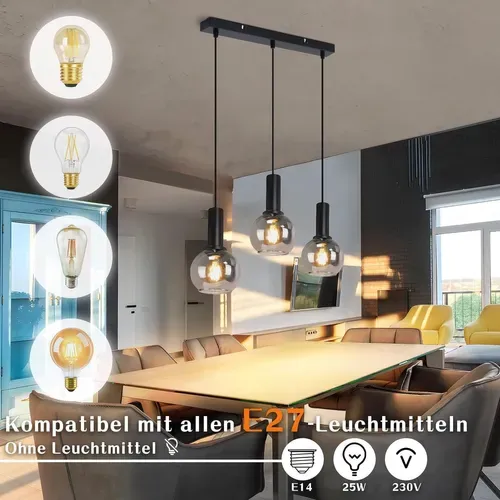 Suspension Salle à Manger 3 Flammes E27 Suspension Rétro Verre Chambre