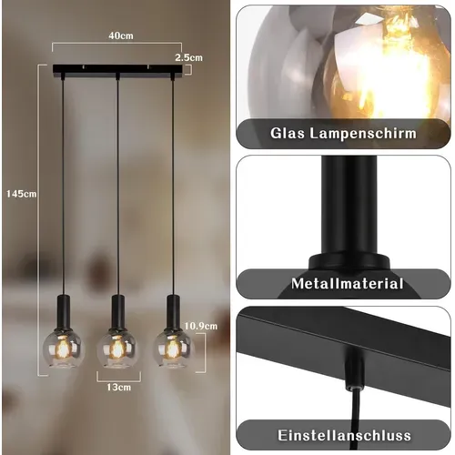 Suspension Salle à Manger 3 Flammes E27 Suspension Rétro Verre Chambre