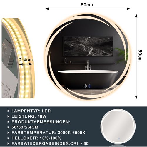 Miroir De Salle De Bain 50CM Avec Éclairage Rond Moderne Ip44