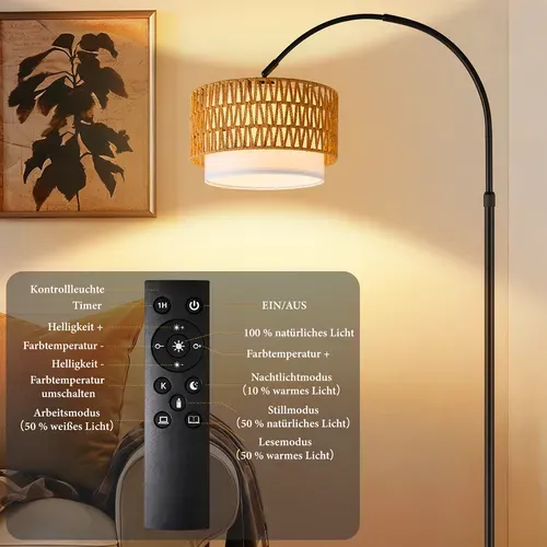Lampadaire Arqué Rotin Bohème Dimmable Télécommande LED 9W 165-180cm Noir
