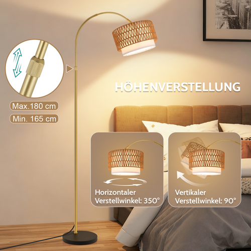 Lampadaire Boho En Rotin – Dimmable Avec Télécommande, LED E27, Vintage, Hauteur 165–180 cm