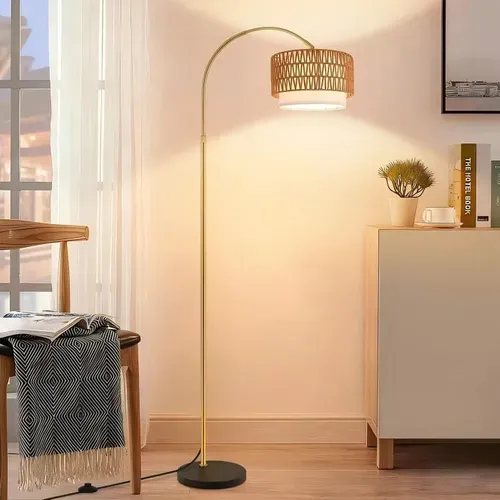 Lampadaire Boho En Rotin – Dimmable Avec Télécommande, LED E27, Vintage, Hauteur 165–180 cm