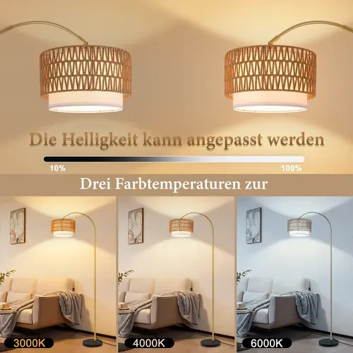 Lampadaire Boho En Rotin – Dimmable Avec Télécommande, LED E27, Vintage, Hauteur 165–180 cm